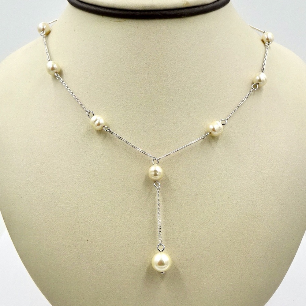MARVELLA Silver Faux Pearl Station Necklace 17 1/2" Long NWT